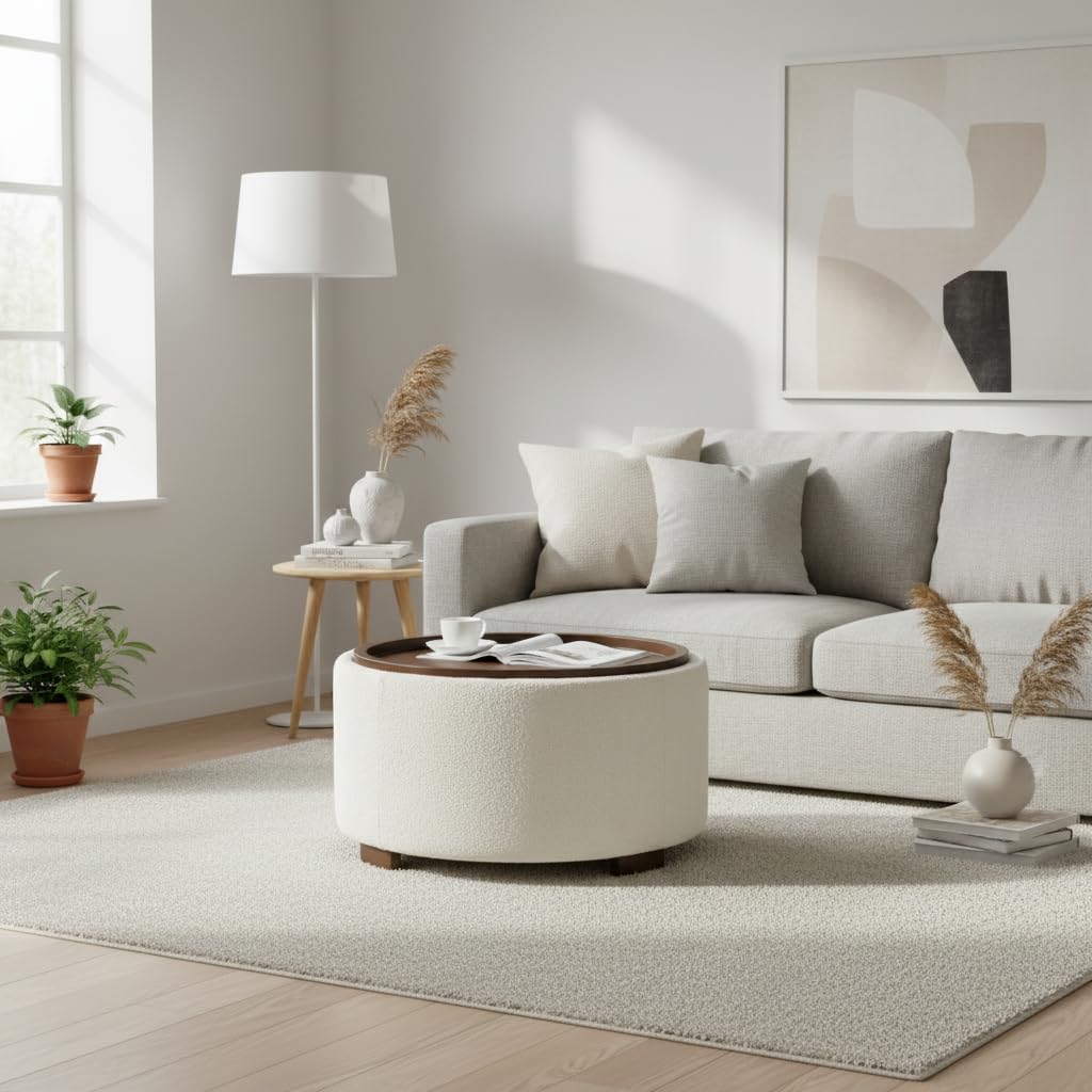 30 Inch Round Boucle Storage Ottoman D557