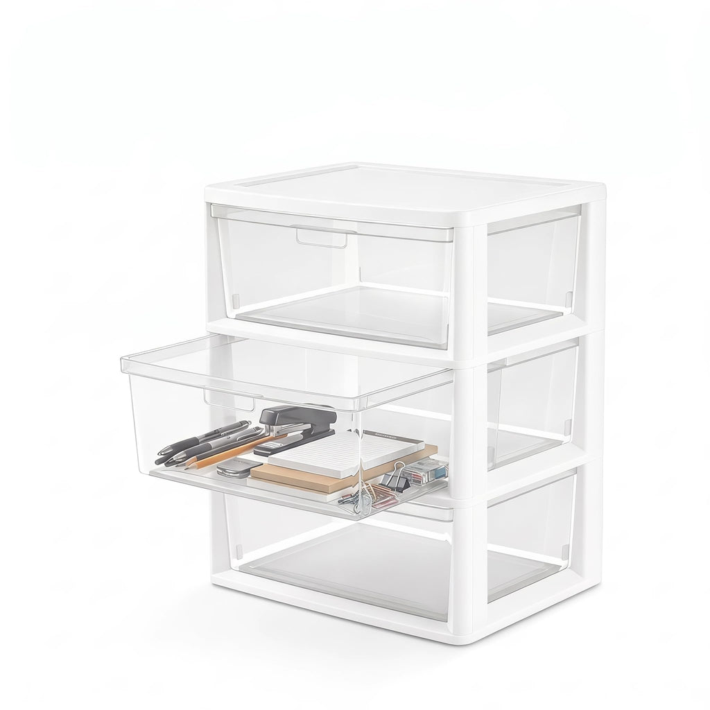 White 3 Drawer Plastic Storage Tower with Clear Bins W854599