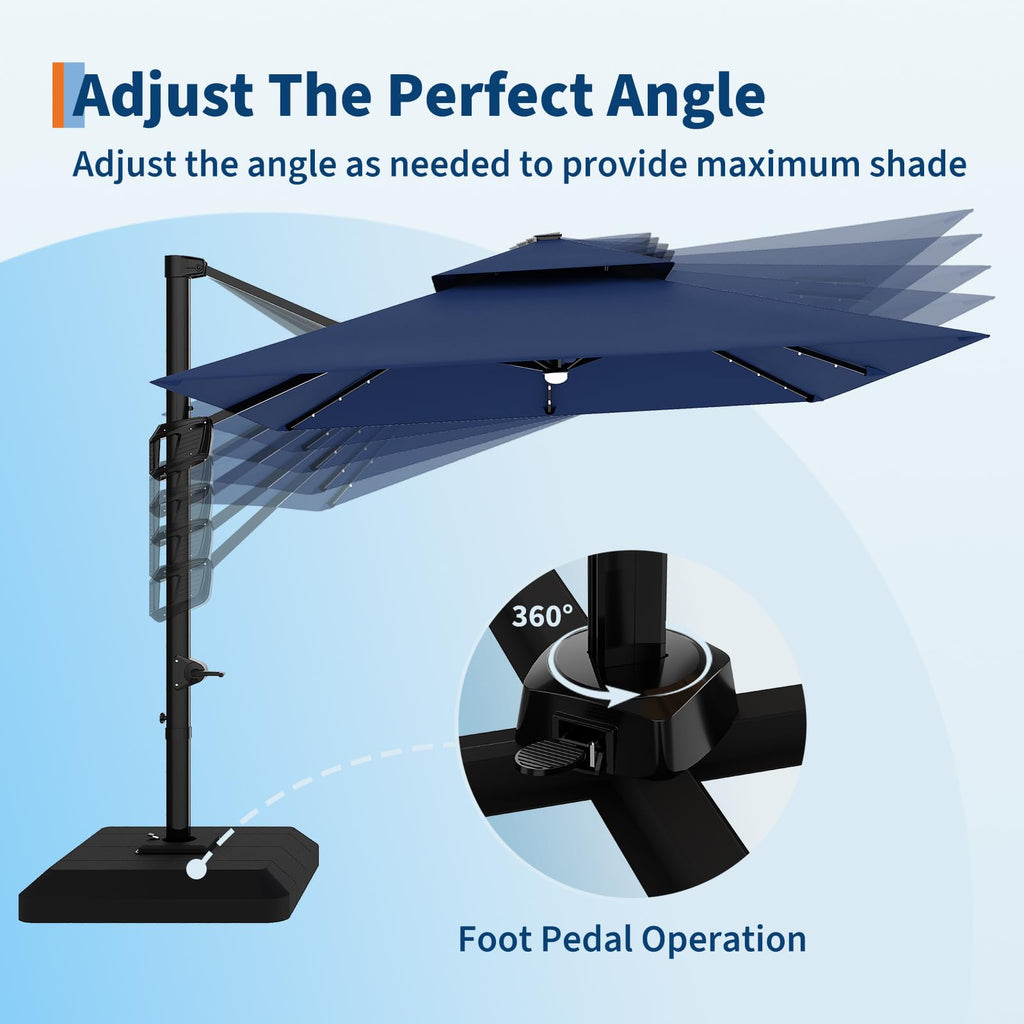 10 ft Navy Blue Solar Cantilever Patio Umbrella with Base X514489
