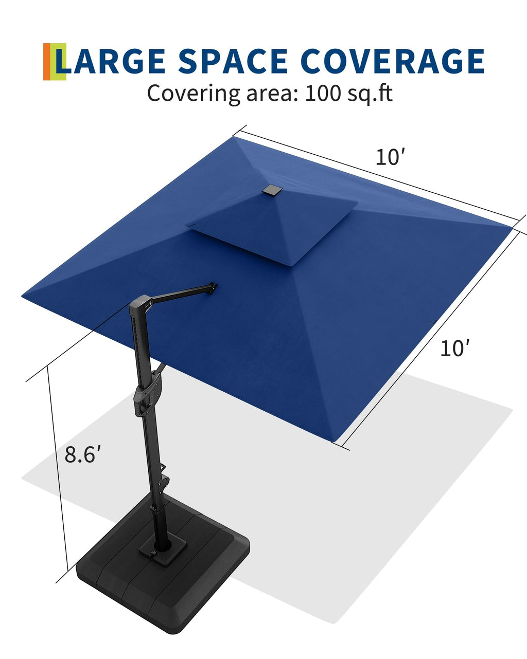 10 ft Navy Blue Solar Cantilever Patio Umbrella with Base X514489