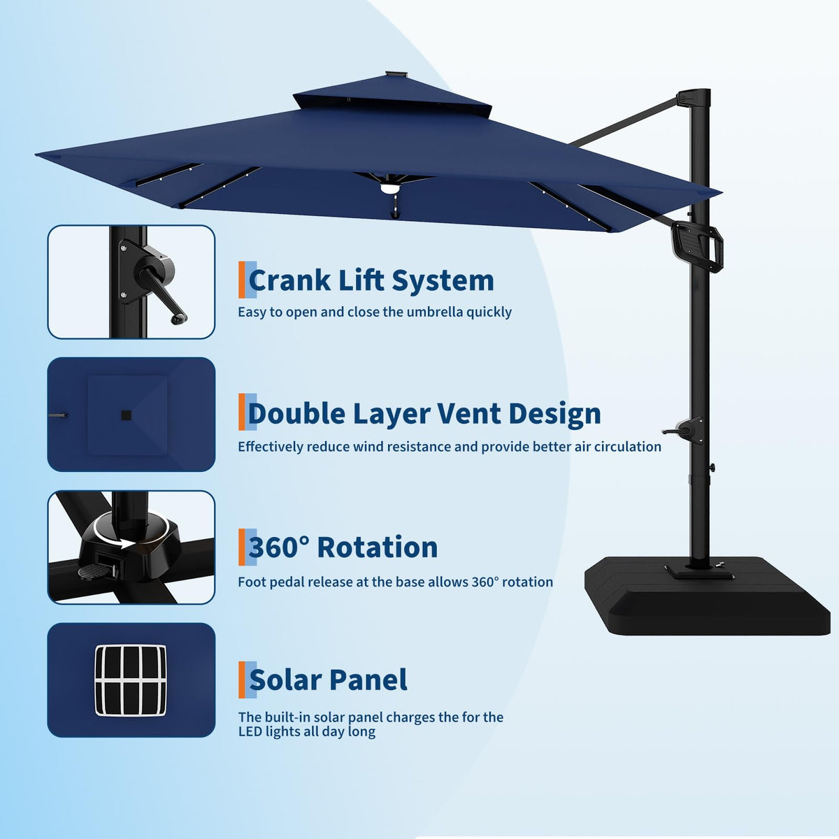 10 ft Navy Blue Solar Cantilever Patio Umbrella with Base X514489