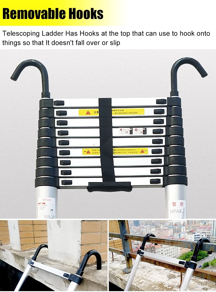 Telescopic Ladder 20ft/23ft/26ft Aluminum with Hook & Stabilizer Bar Q8227