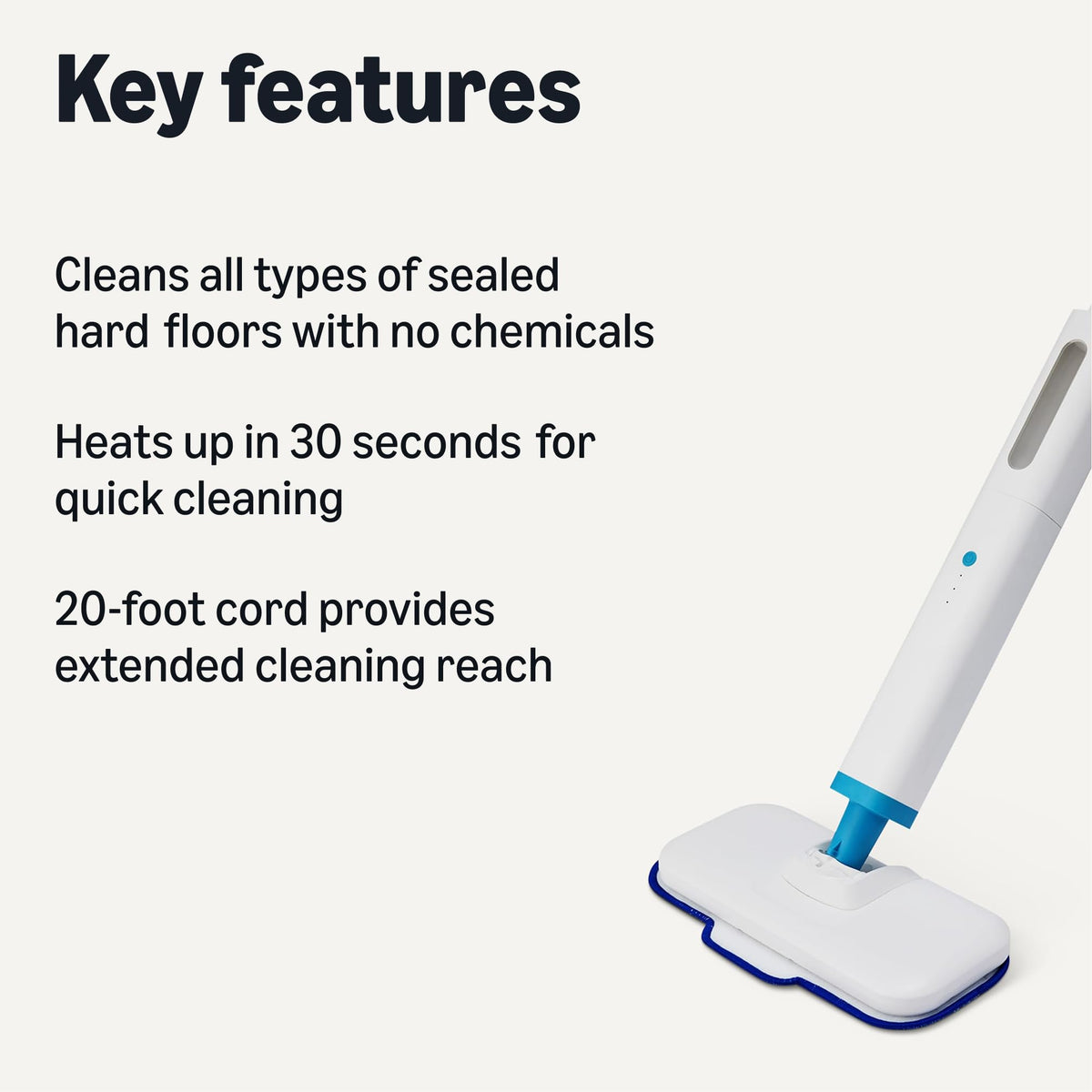 Steam Mop for Sealed Hard Floors, 3 Washable Pads, 20-Foot Cord, White R165