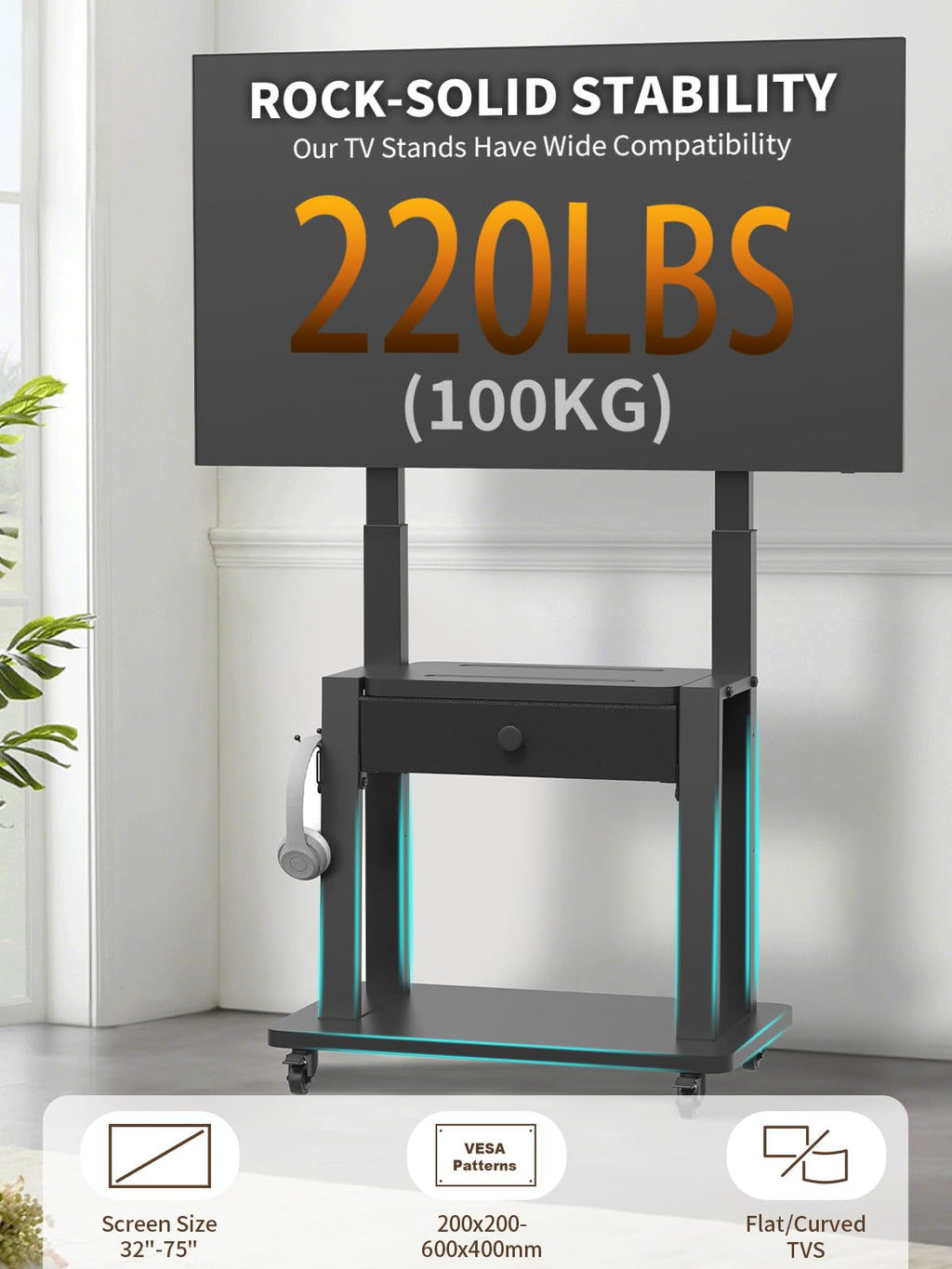 Rolling TV Stand with Fabric Drawer for 32-75 Inch Flat/Curved Screen Adjustable Height with Storage on Wheels Black E434486