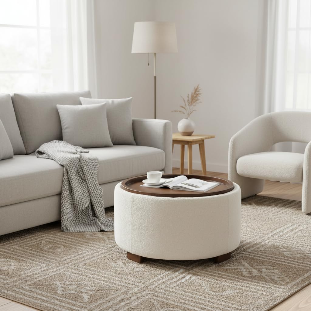 30 Inch Round Boucle Storage Ottoman D557
