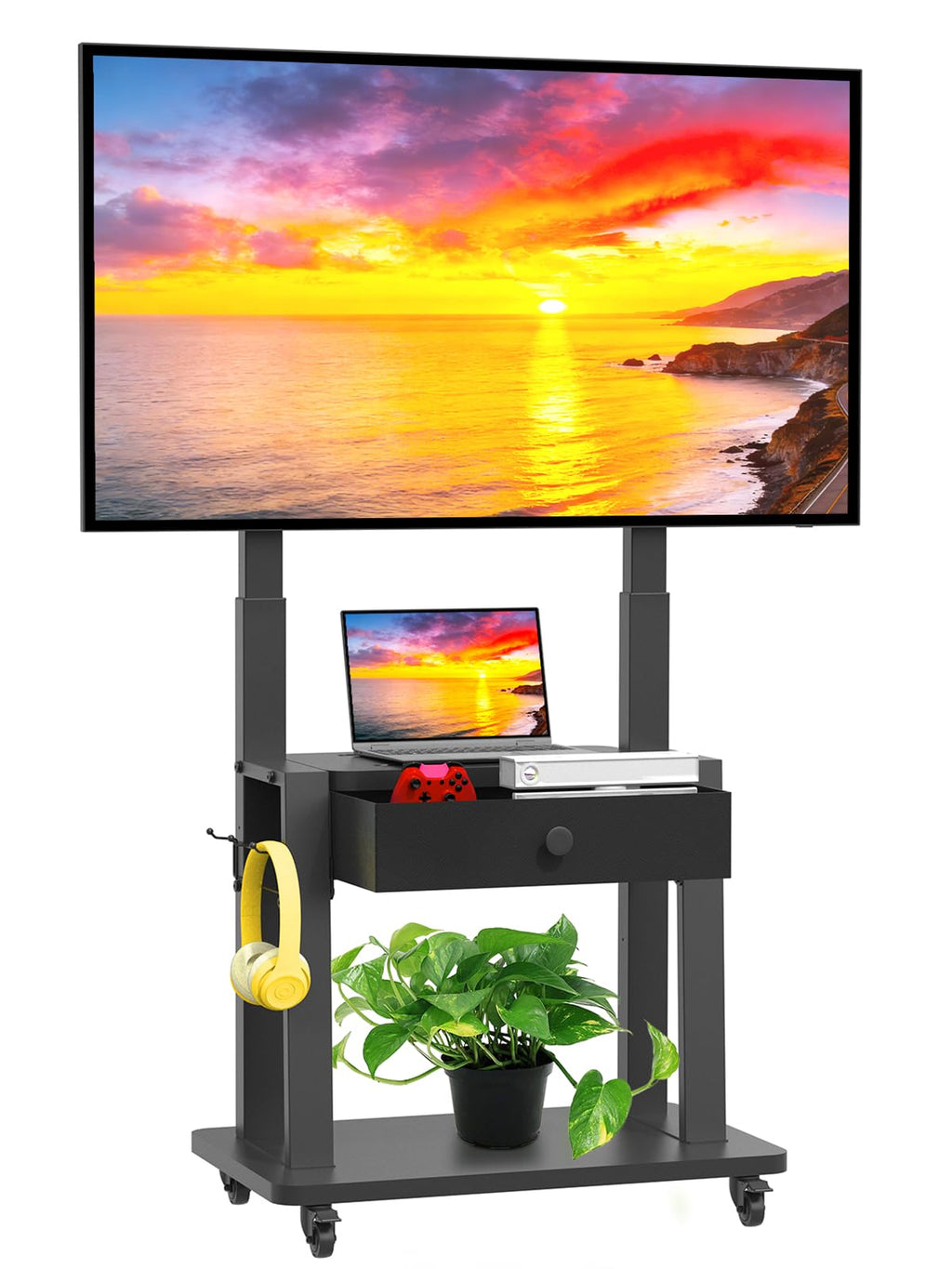 Rolling TV Stand with Fabric Drawer for 32-75 Inch Flat/Curved Screen Adjustable Height with Storage on Wheels Black E434486