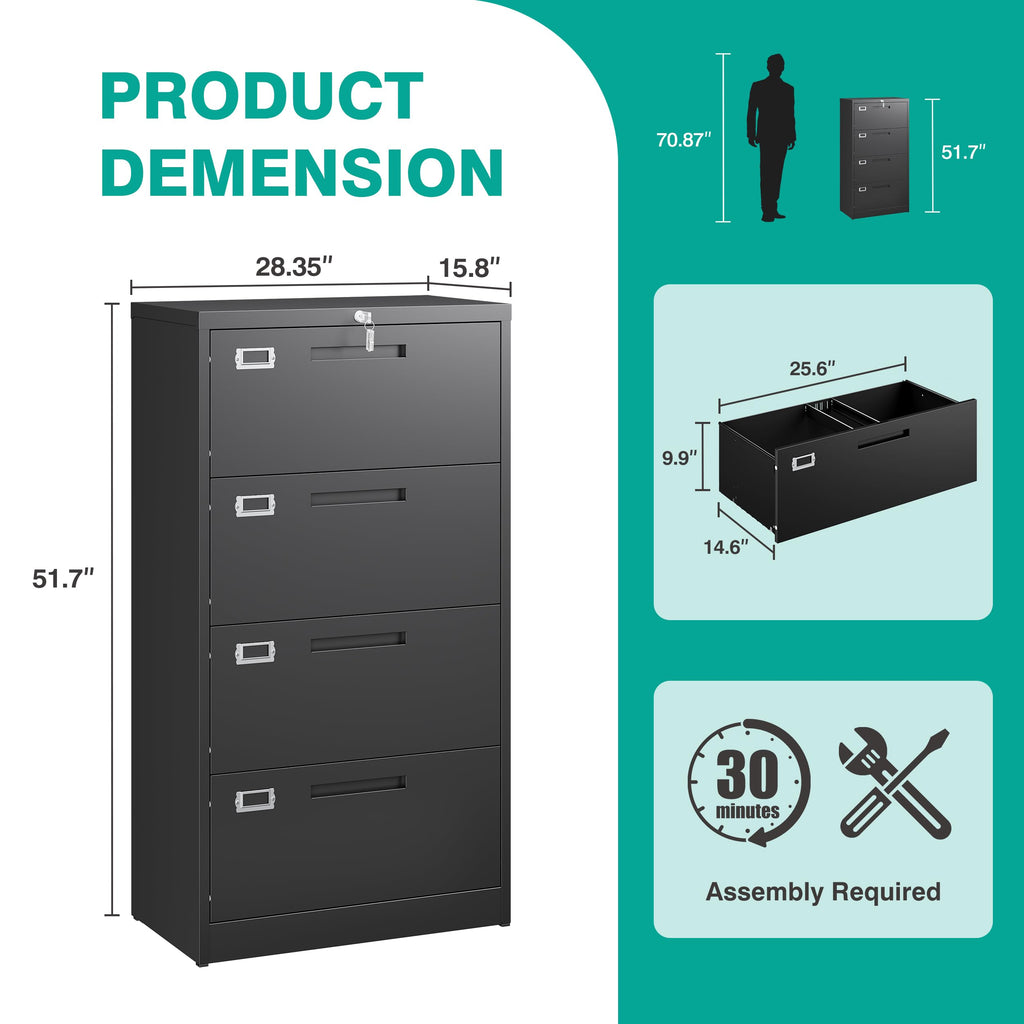 Black 4 Drawer Metal Lateral File Cabinet with Lock G7387