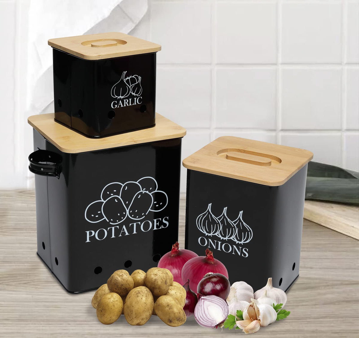 Black 3 Pack Kitchen Canisters Set with Wooden Lid M819