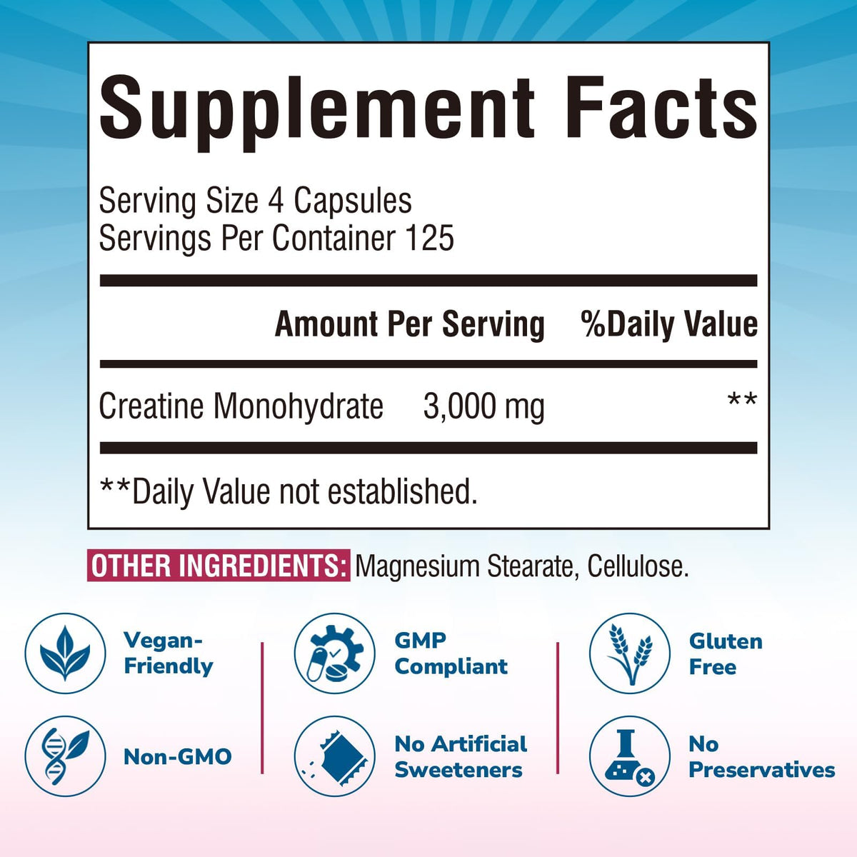 Creatine Monohydrate 3000 mg Micronized 500 Capsules W2464