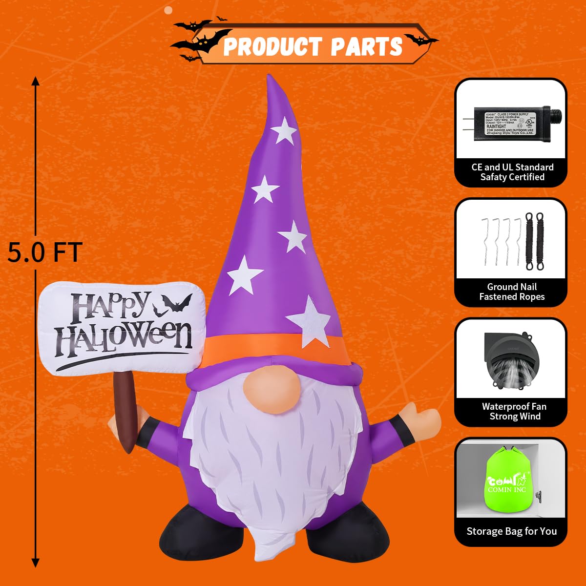5FT Halloween Inflatable Gnome Yard Decor with LEDs F745276