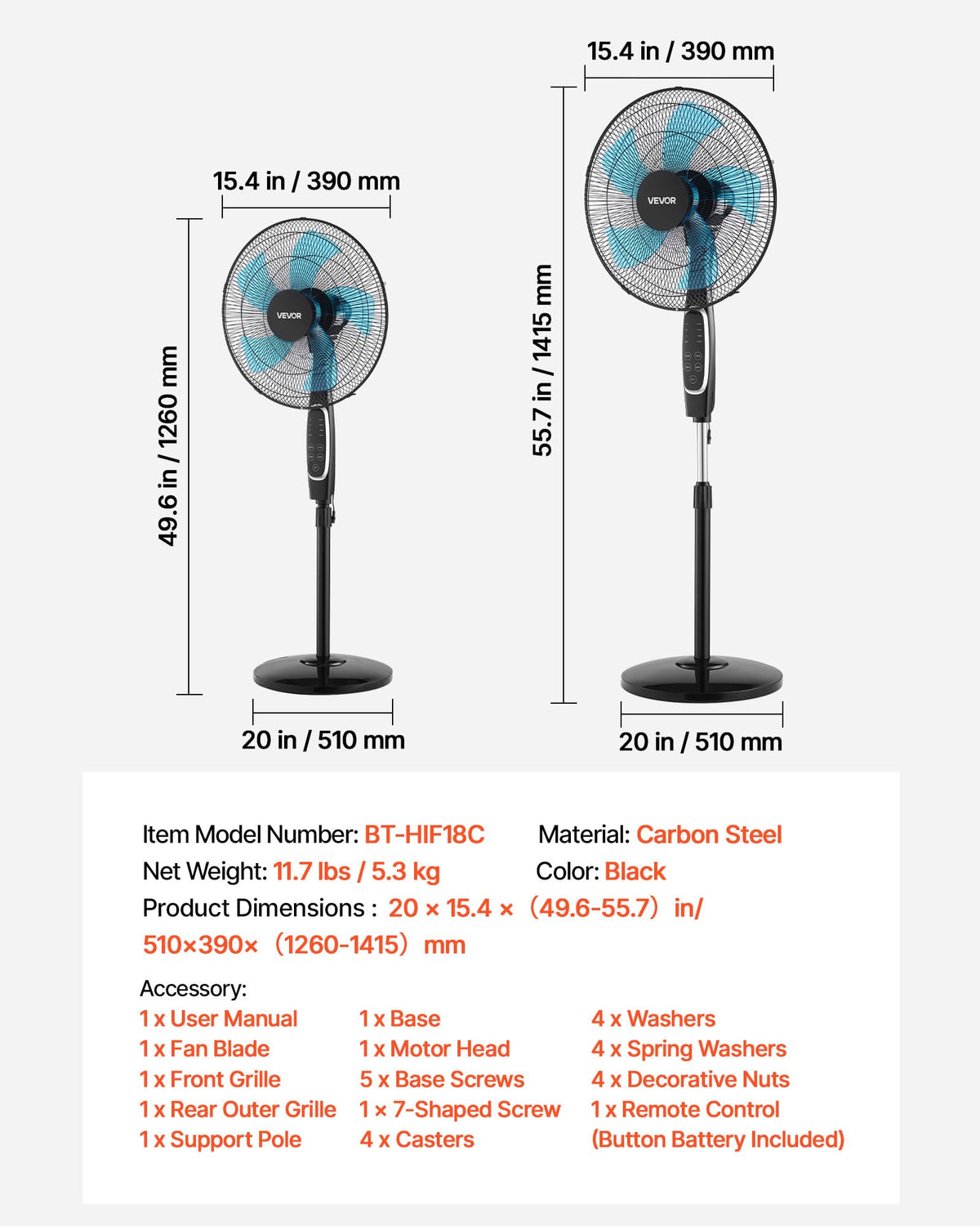 18-Inch Pedestal Fan with Remote Control, 9 Speeds, Oscillating, Black I57164