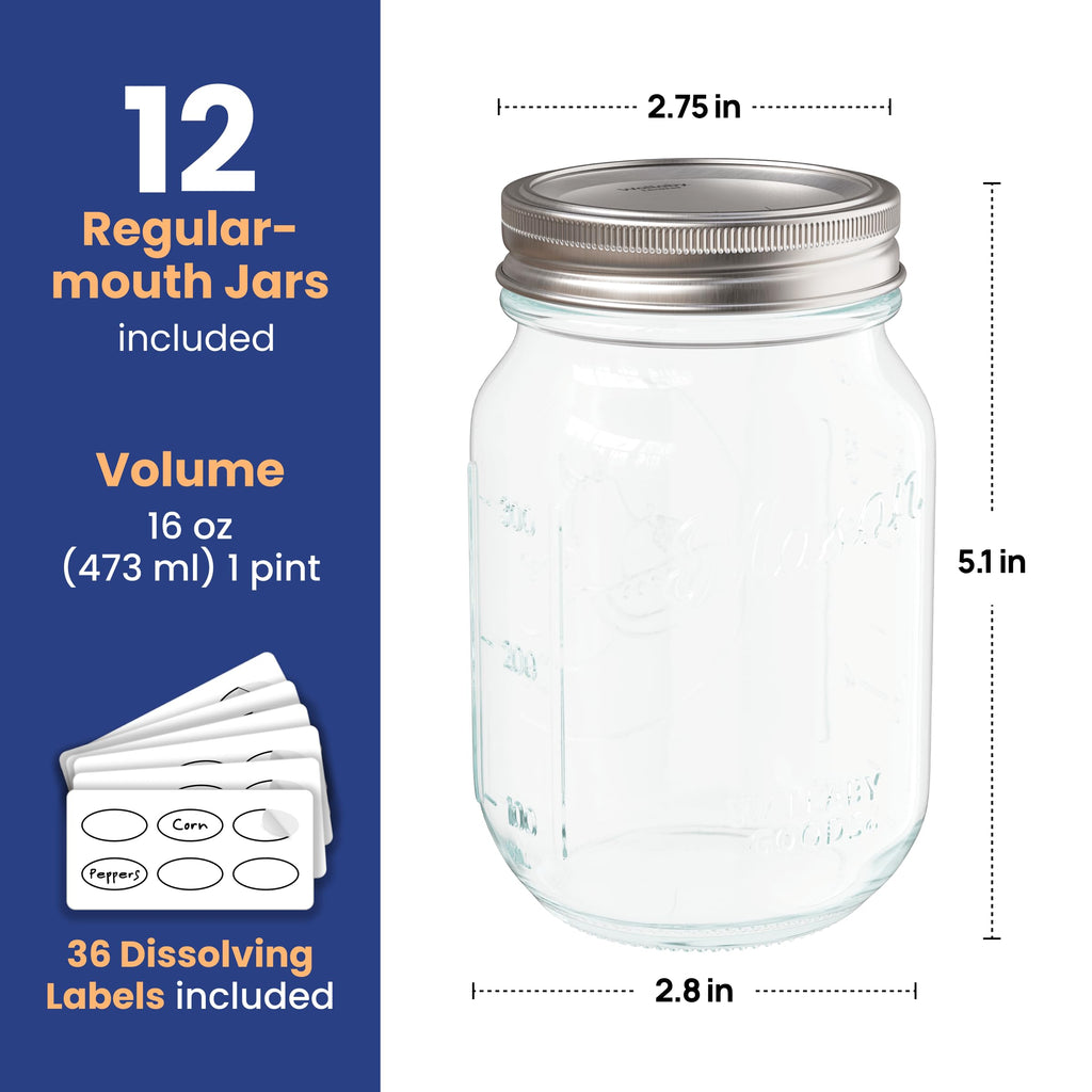 16oz Clear Glass Mason Jars with Lids 12-Pack Q513
