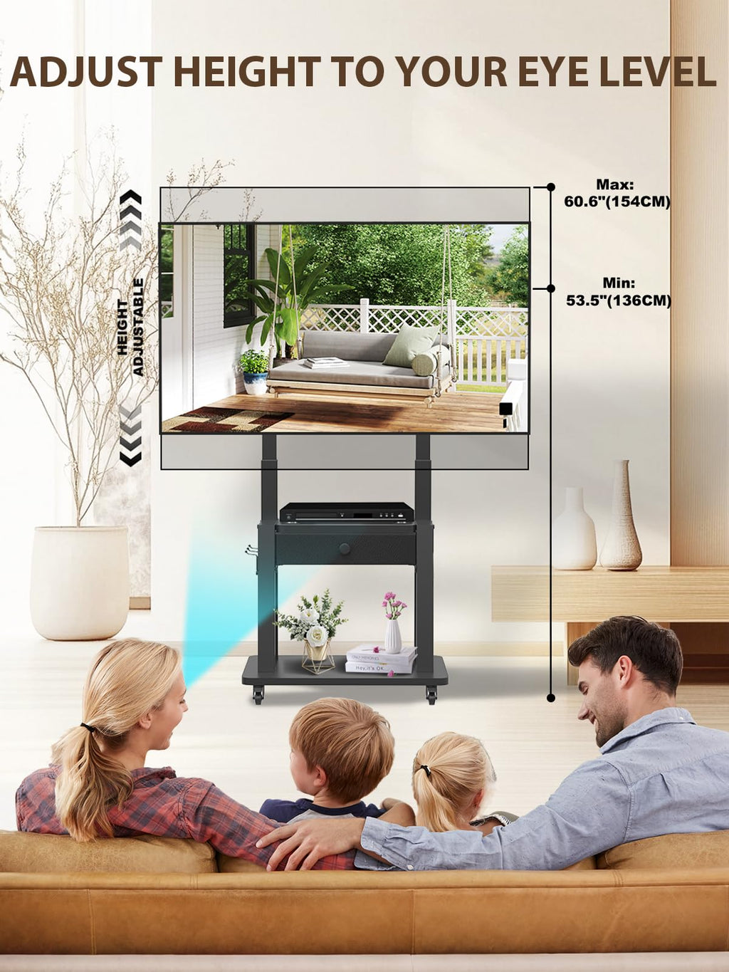 Rolling TV Stand with Fabric Drawer for 32-75 Inch Flat/Curved Screen Adjustable Height with Storage on Wheels Black E434486