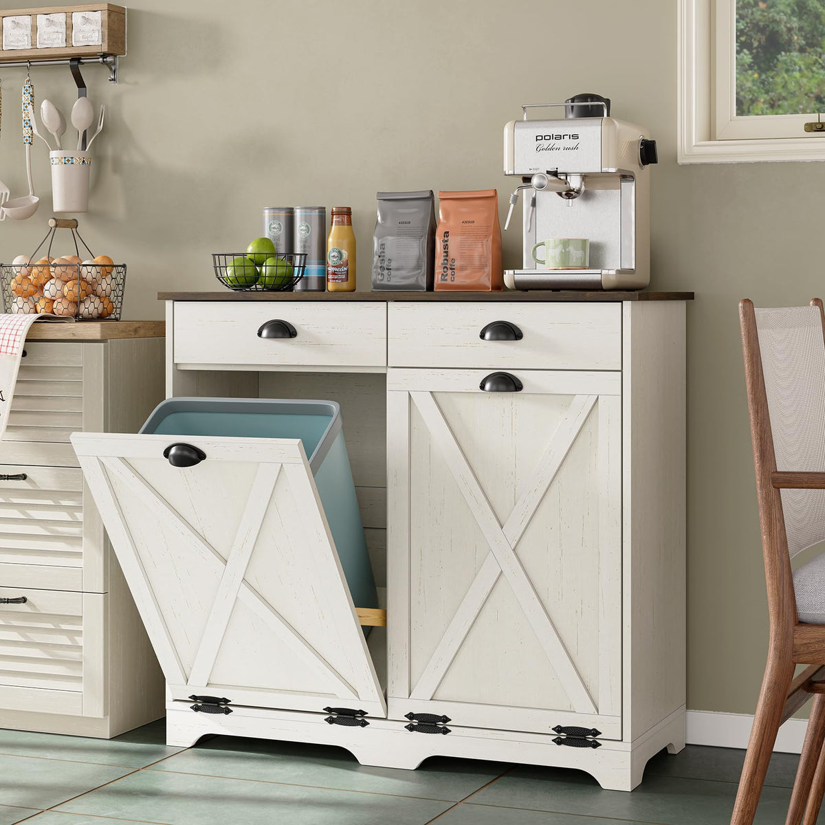 Antique White Double Tilt Out Trash Can Cabinet V132