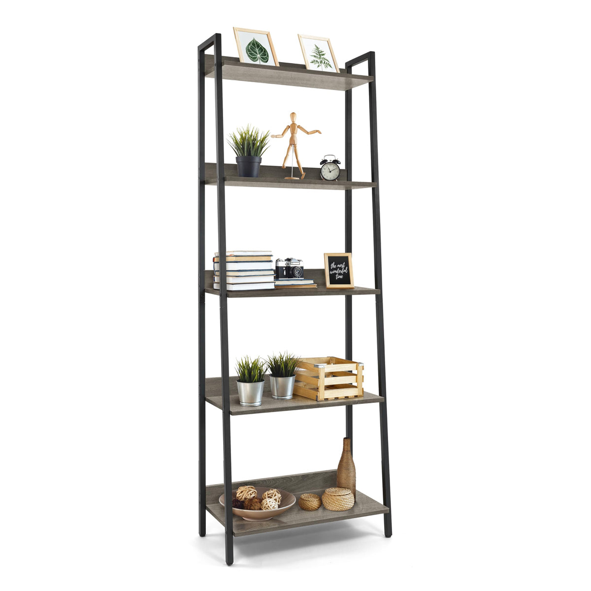 5 Tier Ladder Bookshelf, 24 Inch Free Standing Storage Rack, Dark Grey Z97614