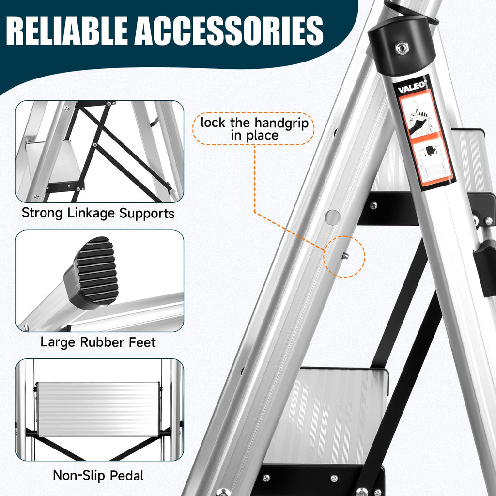 Aluminium 4 Step Ladder with Retractable Handgrip, 330 lbs Capacity, Silver V300777