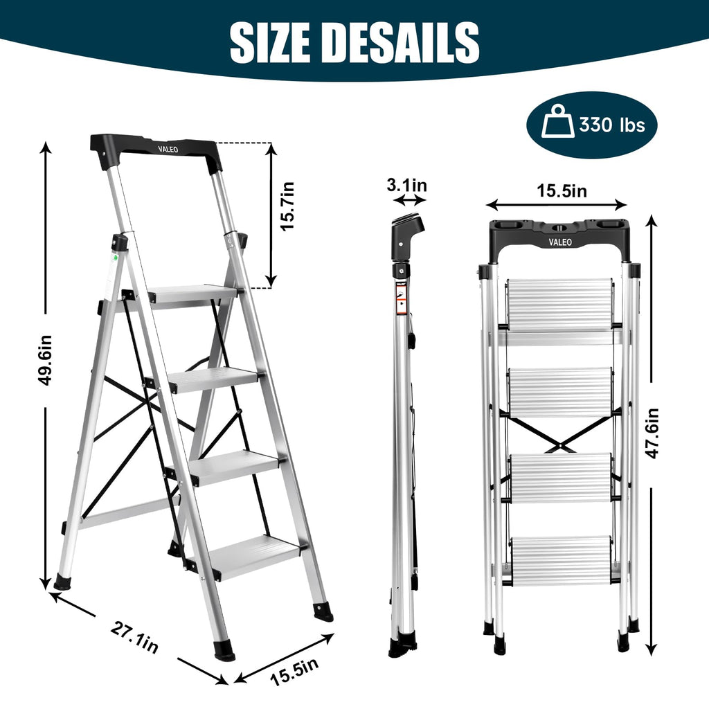 Aluminium 4 Step Ladder with Retractable Handgrip, 330 lbs Capacity, Silver V300777