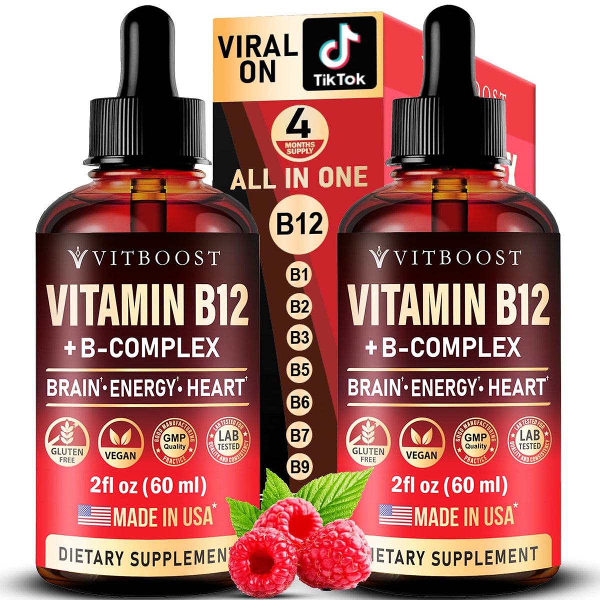 Vitamin B12 with B Complex 20000 mcg Vegan Raspberry Liquid Drops 2PK J473