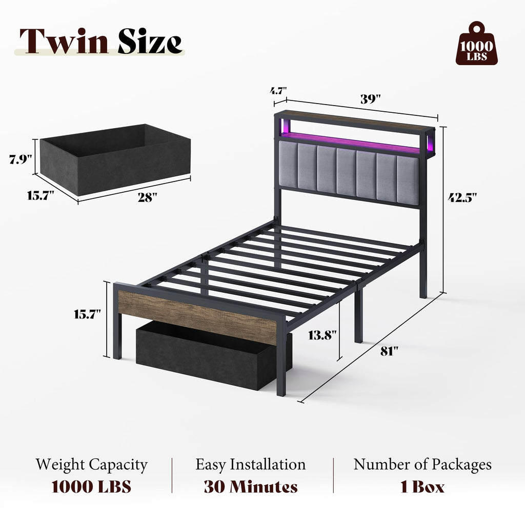 Twin Bed Frame with LED Lights & 2-Tier Storage Headboard W26292