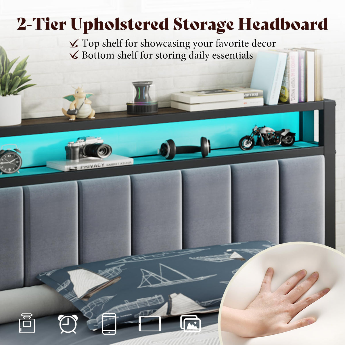 Twin Bed Frame with LED Lights & 2-Tier Storage Headboard W26292