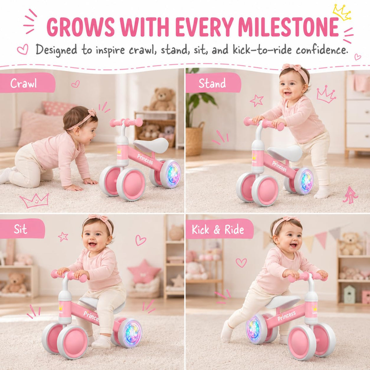 Pink Balance Bike with LED Light Up Wheels C47966