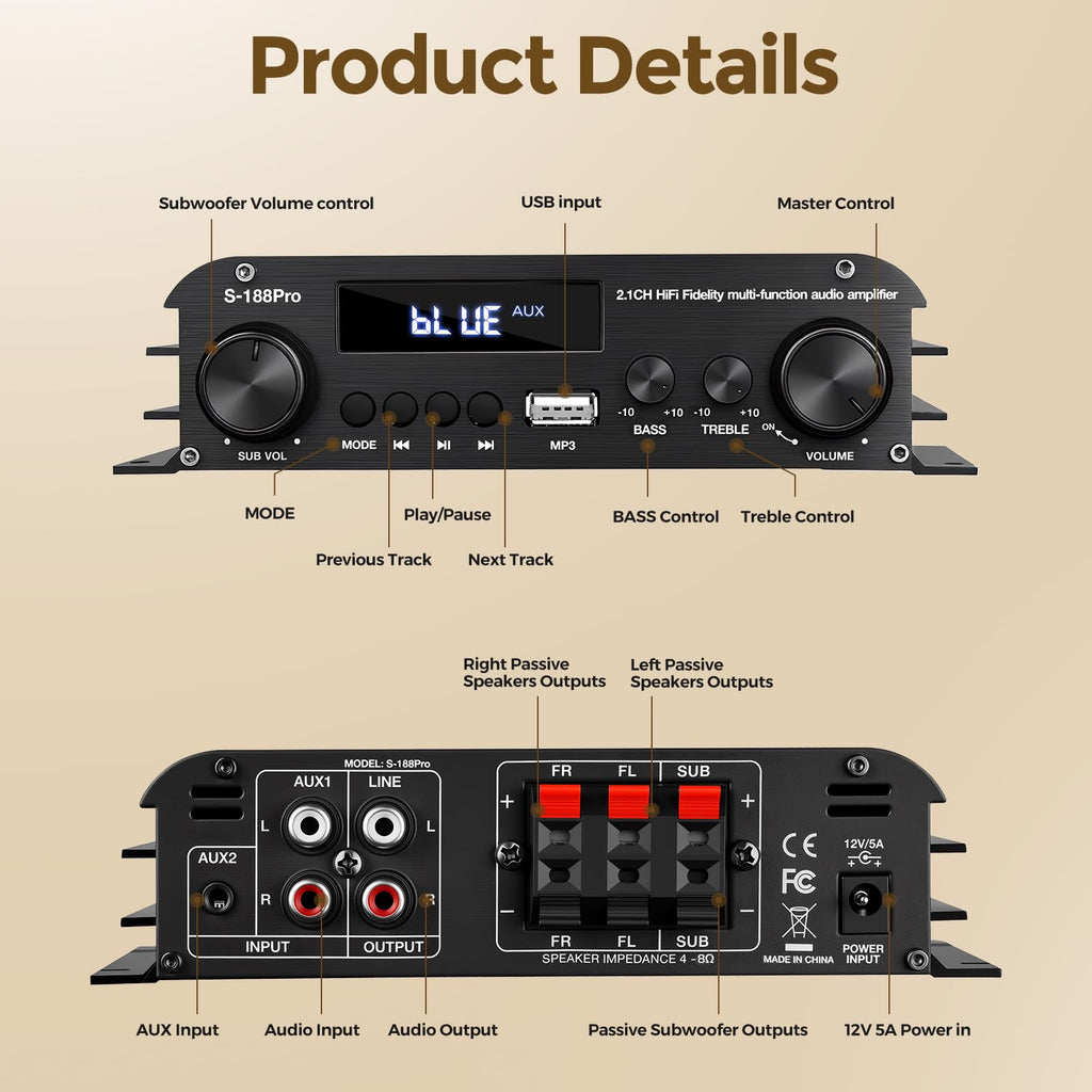 2.1 Channel Stereo Audio Amplifier Bluetooth 5.0 with Remote R26790