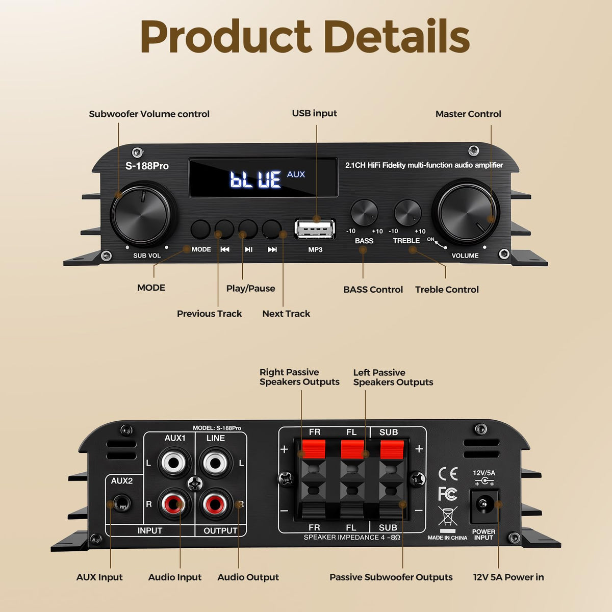 2.1 Channel Stereo Audio Amplifier Bluetooth 5.0 with Remote R26790