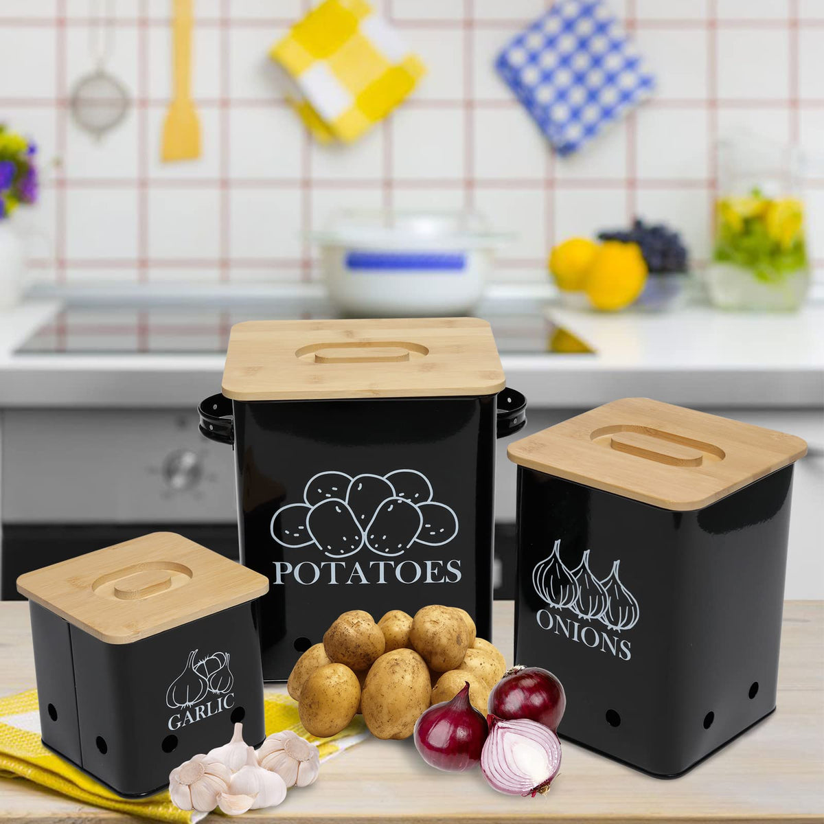 Black 3 Pack Kitchen Canisters Set with Wooden Lid M819