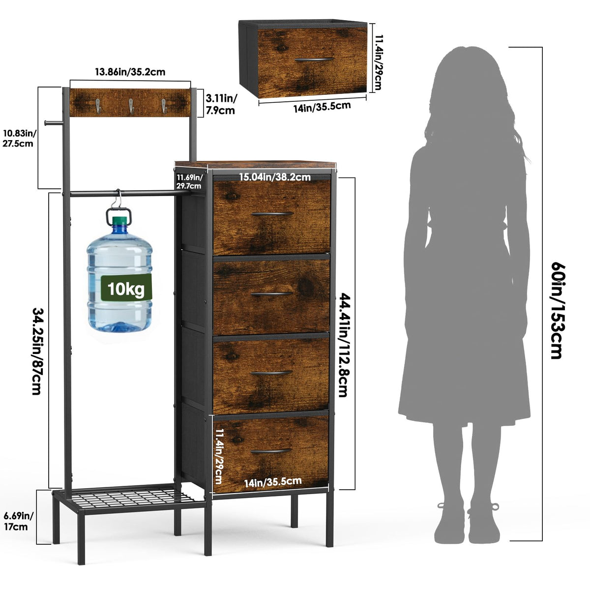 Brown Wood Dresser with Hanging Rack and Storage Drawers F631340