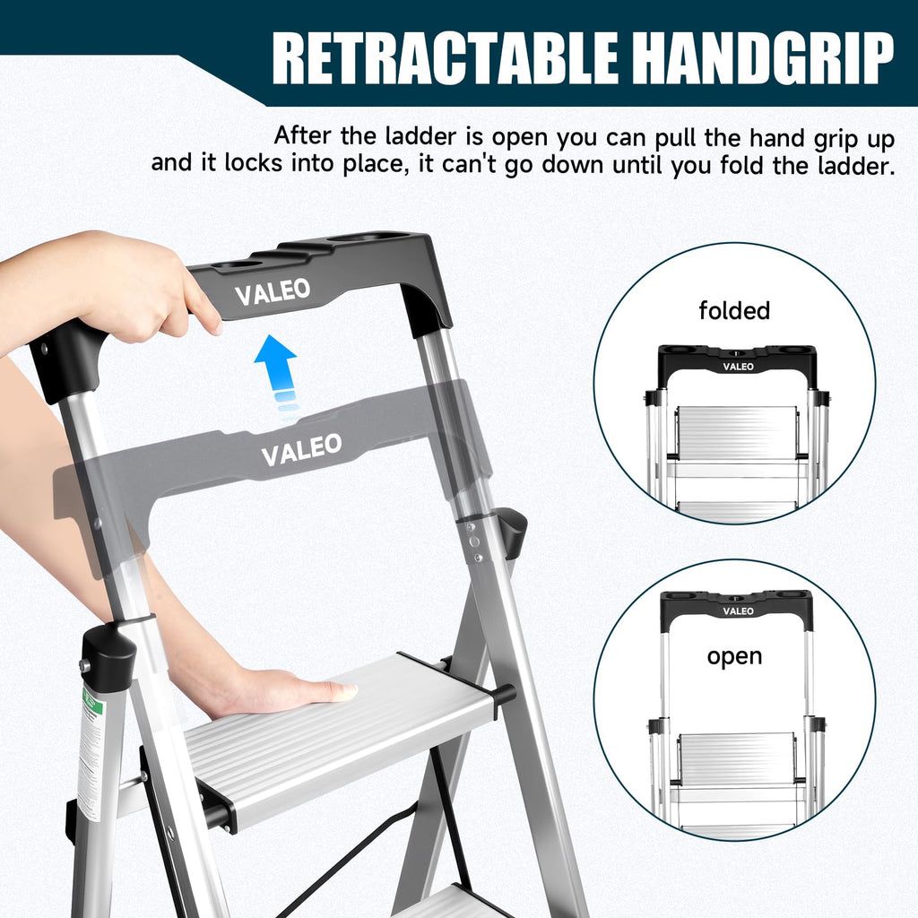 Aluminium 4 Step Ladder with Retractable Handgrip, 330 lbs Capacity, Silver V300777
