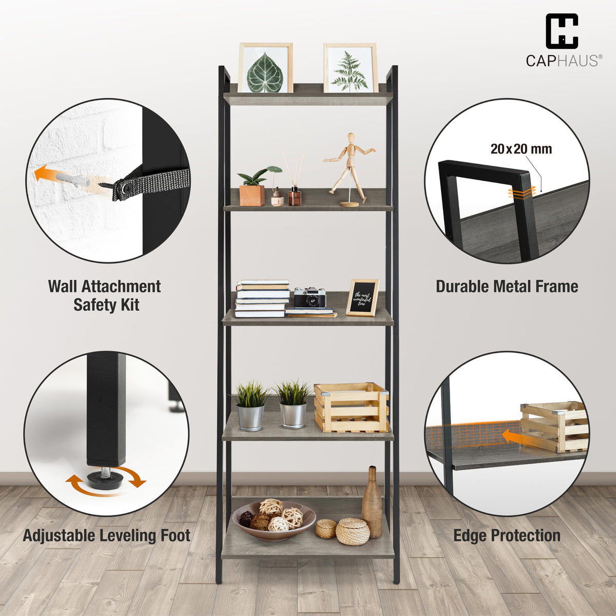 5 Tier Ladder Bookshelf, 24 Inch Free Standing Storage Rack, Dark Grey Z97614