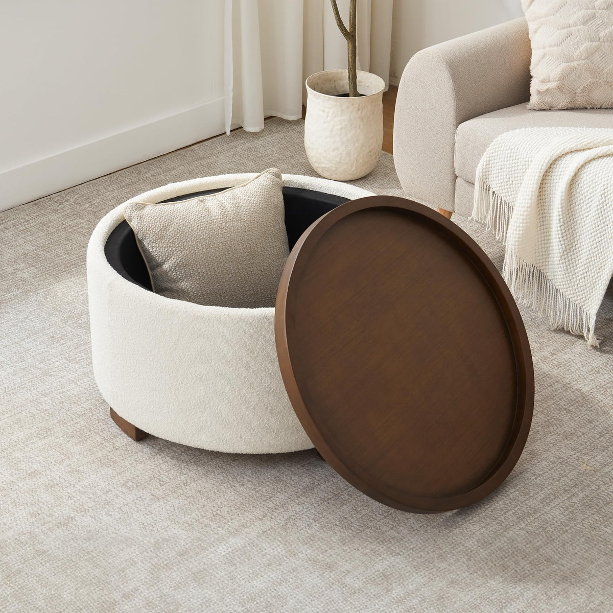 30 Inch Round Boucle Storage Ottoman D557