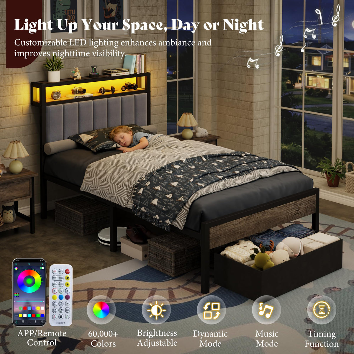 Twin Bed Frame with LED Lights & 2-Tier Storage Headboard W26292