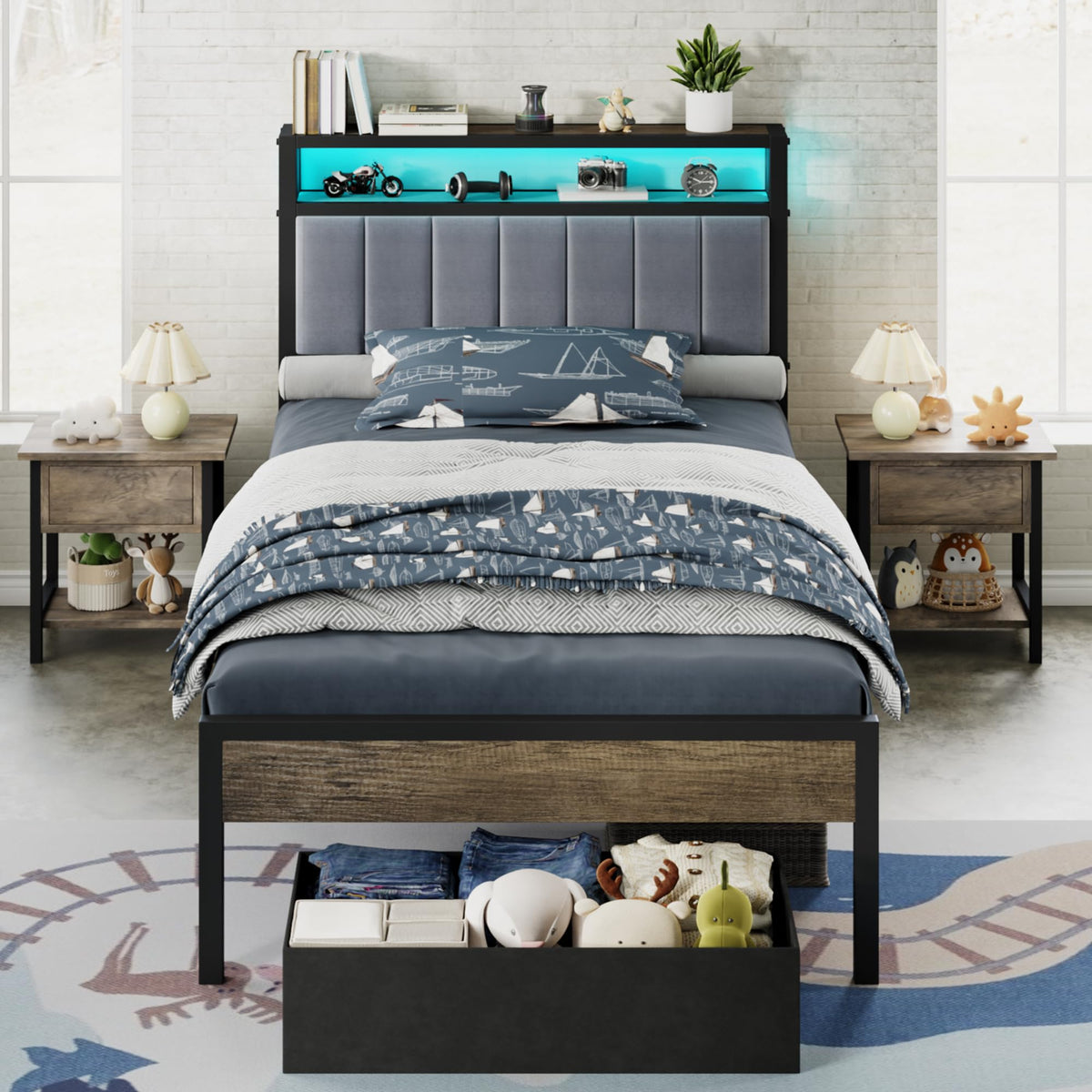 Twin Bed Frame with LED Lights & 2-Tier Storage Headboard W26292