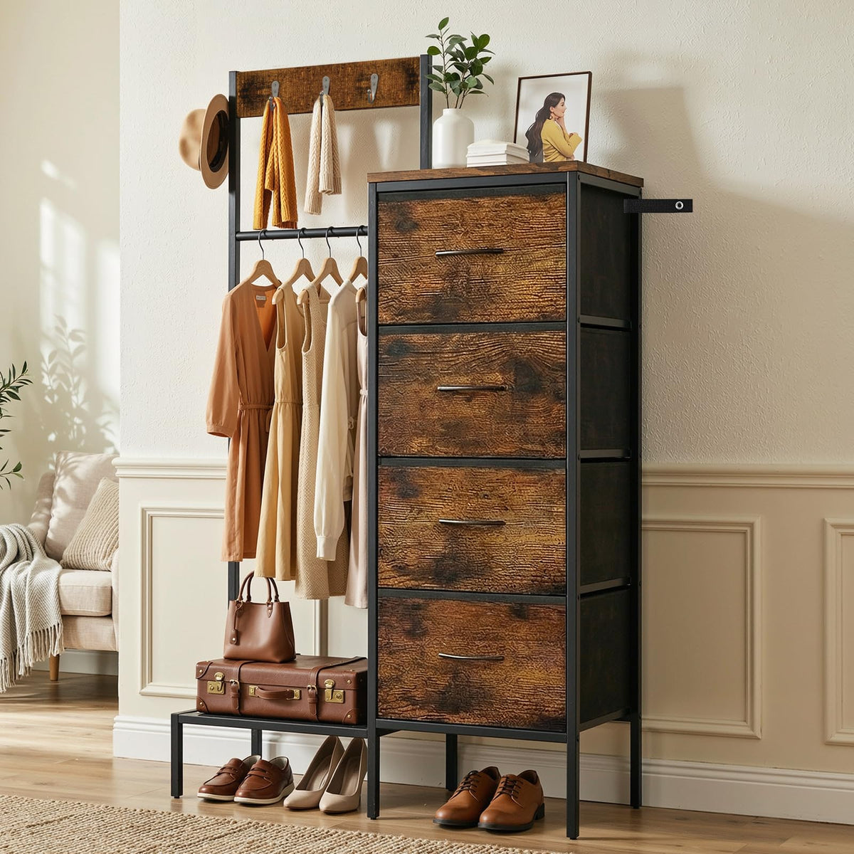 Brown Wood Dresser with Hanging Rack and Storage Drawers F631340