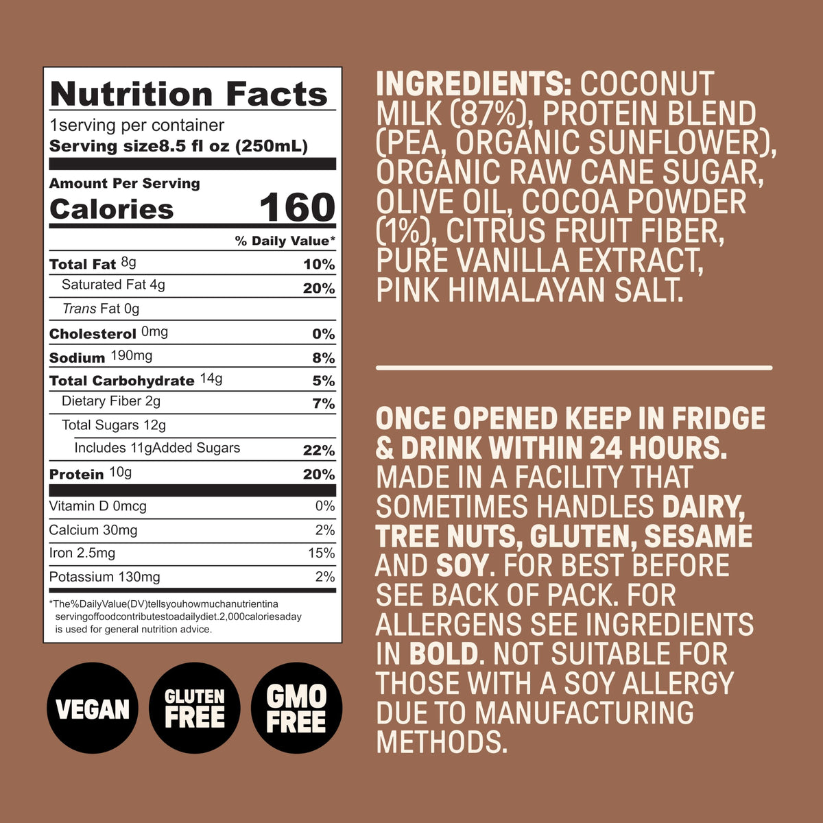 Chocolate Milk, Dairy Free, 10g Protein, 8.5 fl oz, 12 Pack Y5574