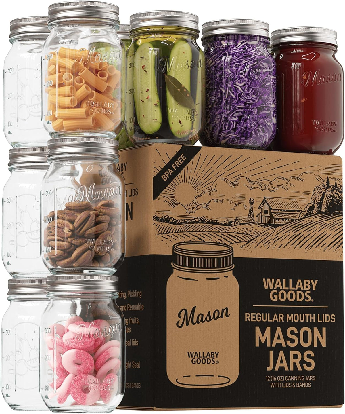 16oz Clear Glass Mason Jars with Lids 12-Pack Q513