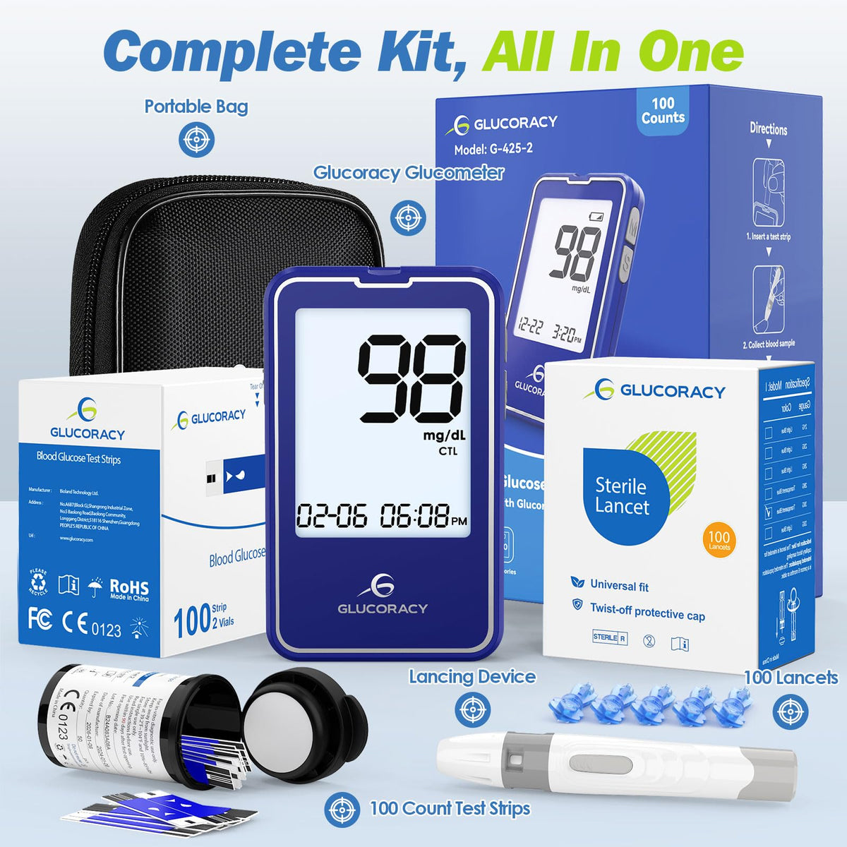 Blood Glucose Monitor Kit with 100 Test Strips G108642