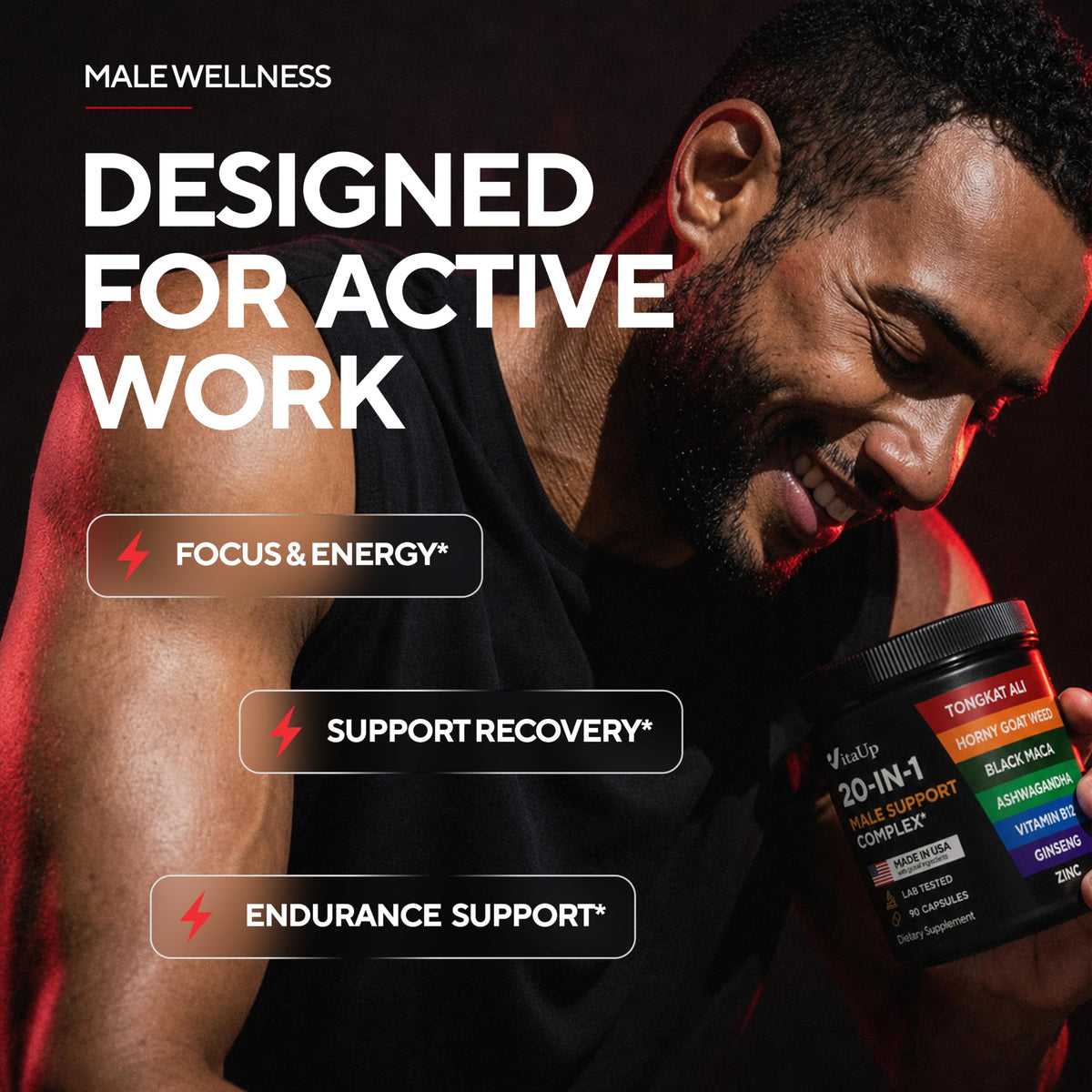 90 Vegan Caps Men Supplements with Tongkat Ali, Black Maca Root, Zinc, Vitamin B12 N441