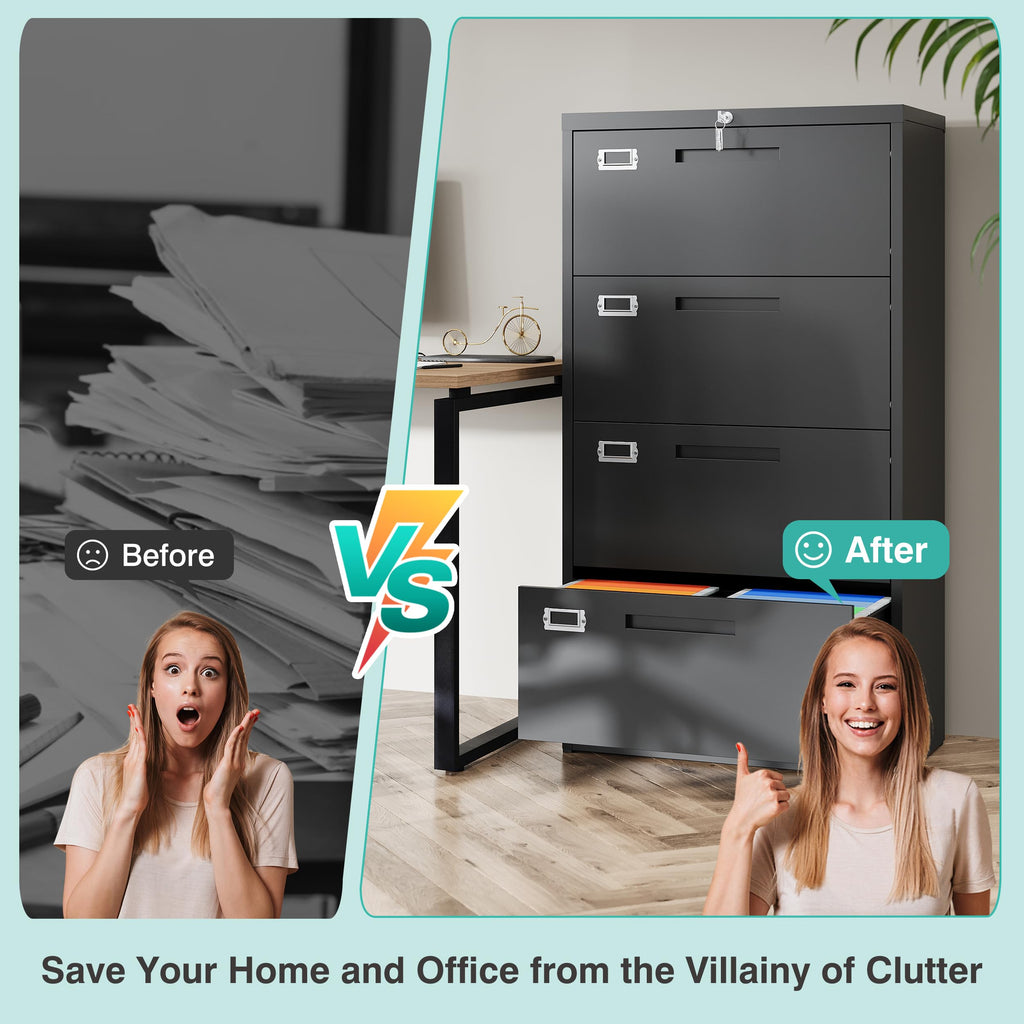 Black 4 Drawer Metal Lateral File Cabinet with Lock G7387