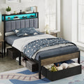 Twin Bed Frame with LED Lights & 2-Tier Storage Headboard W26292