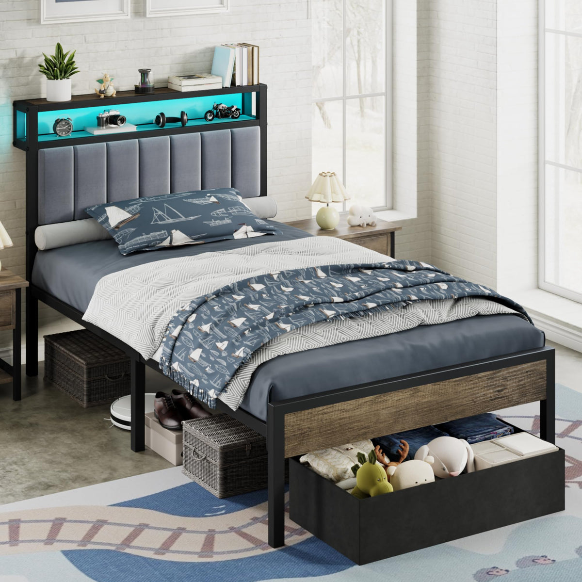 Twin Bed Frame with LED Lights & 2-Tier Storage Headboard W26292