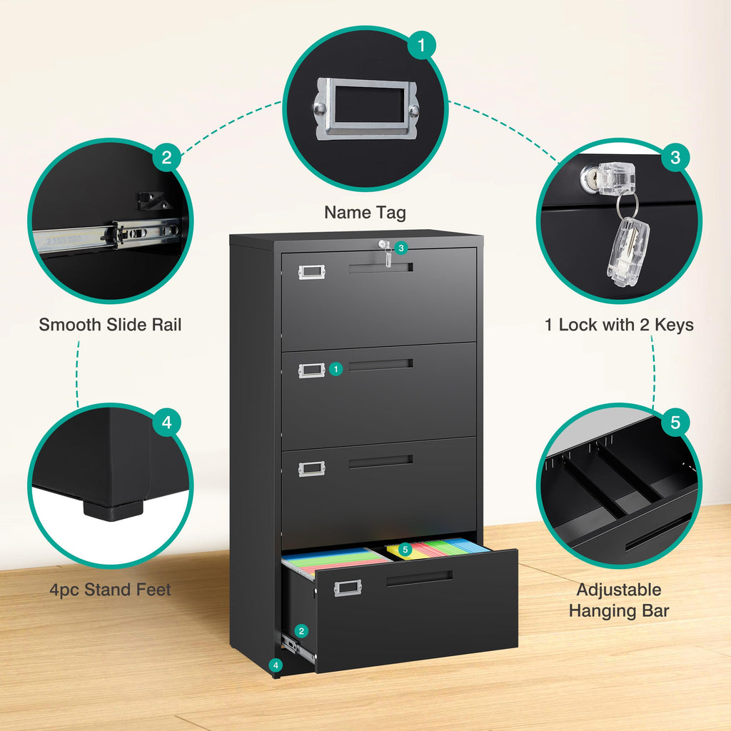 Black 4 Drawer Metal Lateral File Cabinet with Lock G7387