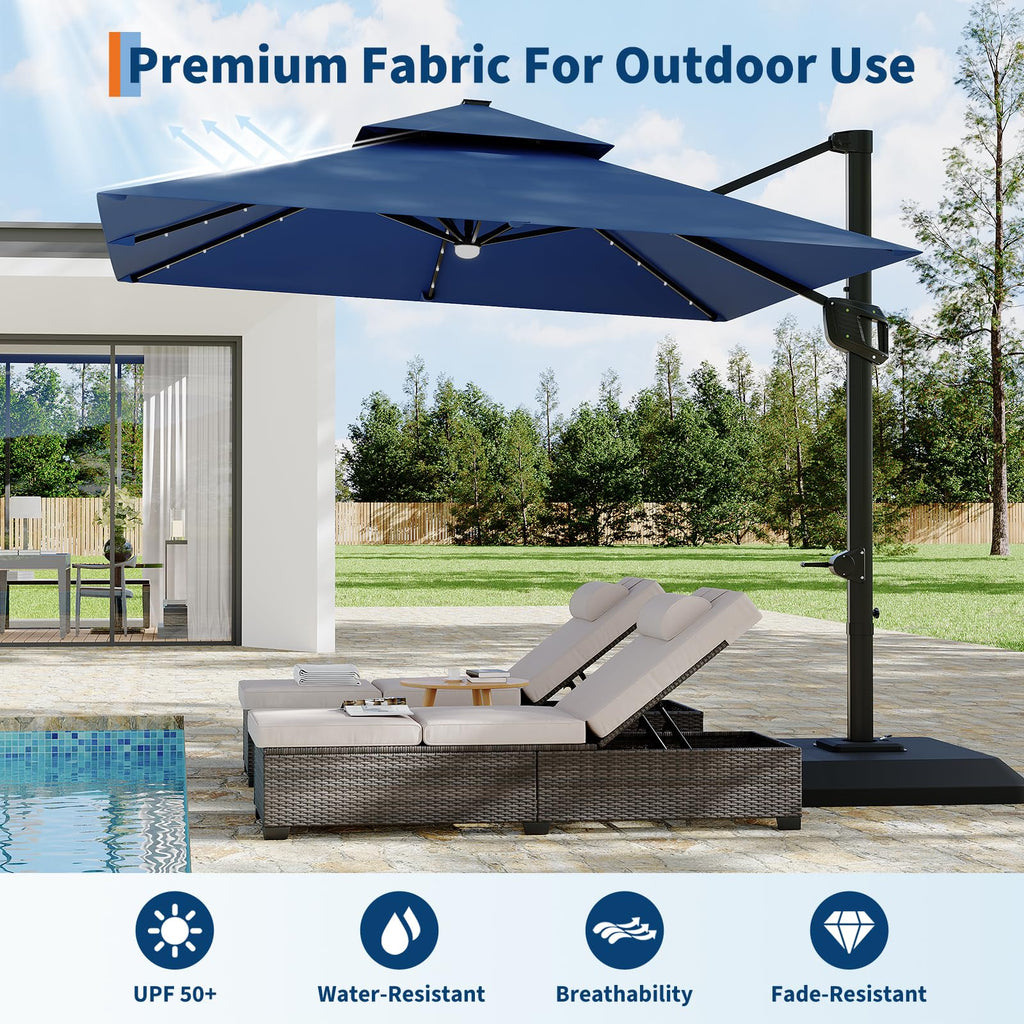10 ft Navy Blue Solar Cantilever Patio Umbrella with Base X514489