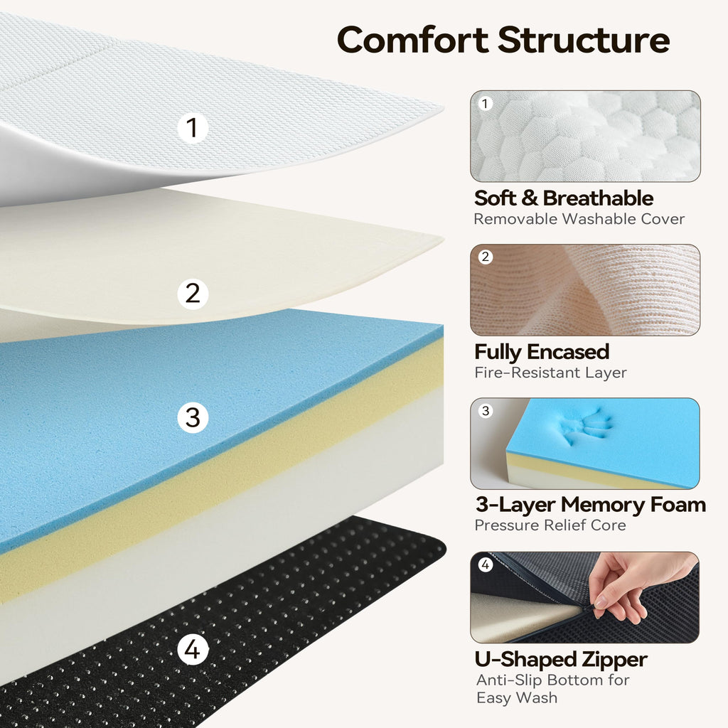 6 Inch Tri Fold Memory Foam Queen Mattress with Washable Cover K70091