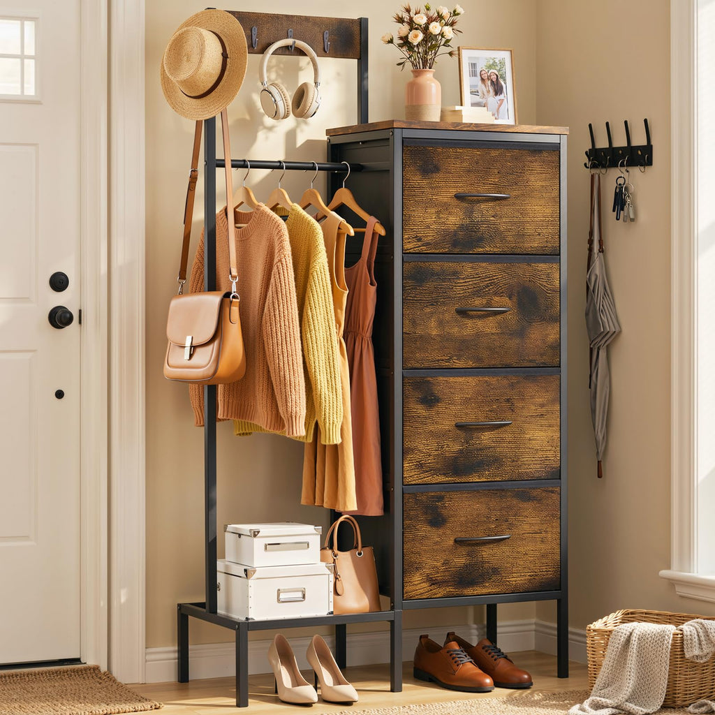 Brown Wood Dresser with Hanging Rack and Storage Drawers F631340