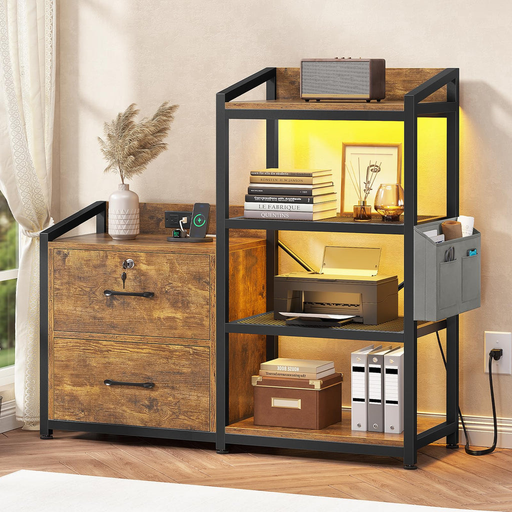 35.4” File Cabinet with 2 Drawer, Power Strip, LED Lights, Lock, Open Shelf, Rustic Brown T116406