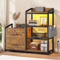 35.4” File Cabinet with 2 Drawer, Power Strip, LED Lights, Lock, Open Shelf, Rustic Brown T116406