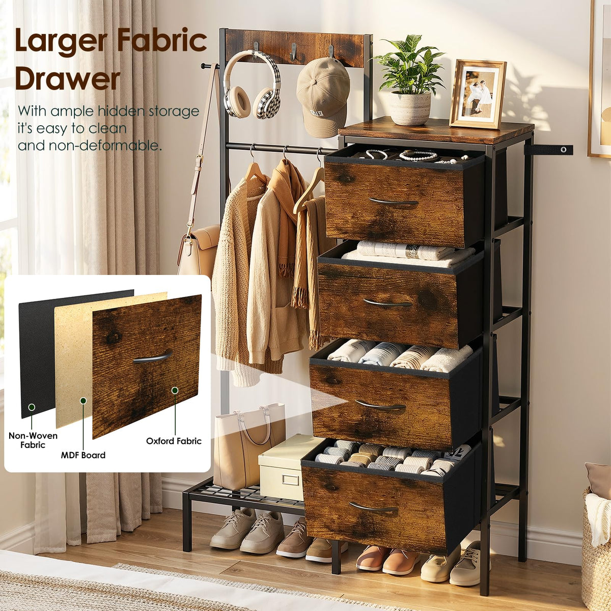 Brown Wood Dresser with Hanging Rack and Storage Drawers F631340