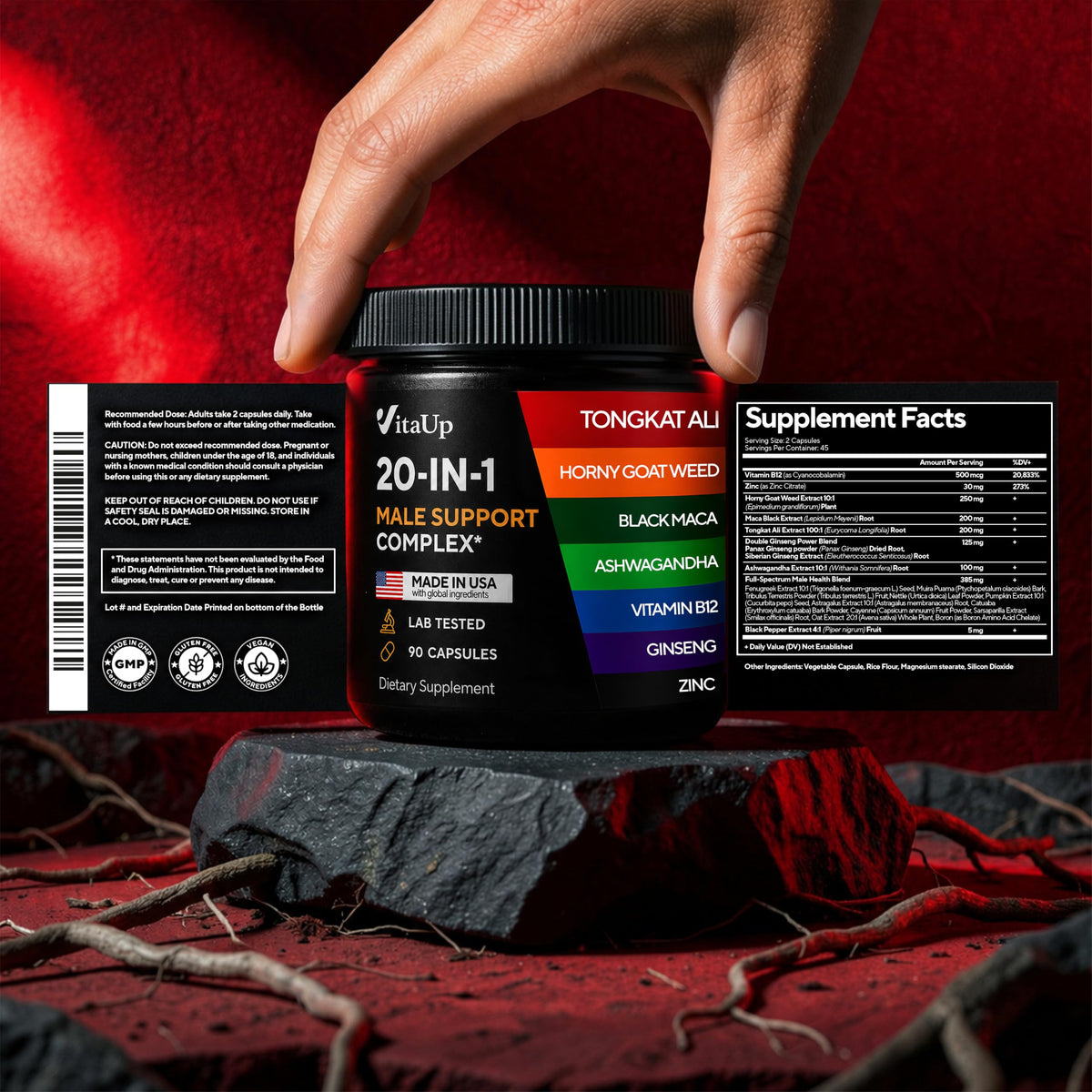 90 Vegan Caps Men Supplements with Tongkat Ali, Black Maca Root, Zinc, Vitamin B12 N441